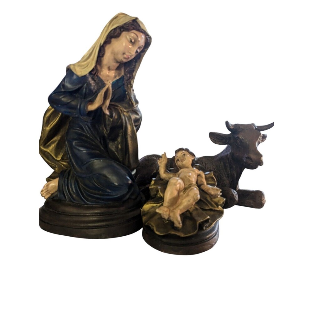 NATIVITY FIGURINES MARY BABY JESUS BULL PAINTED  RESIN CHRISTMAS Vintage
